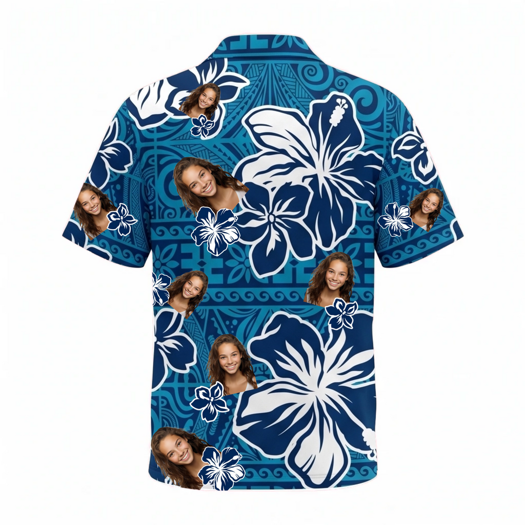 Personalized Face Blue Hibiscus with Polynesian Tribal Custom Hawaiian Shirt