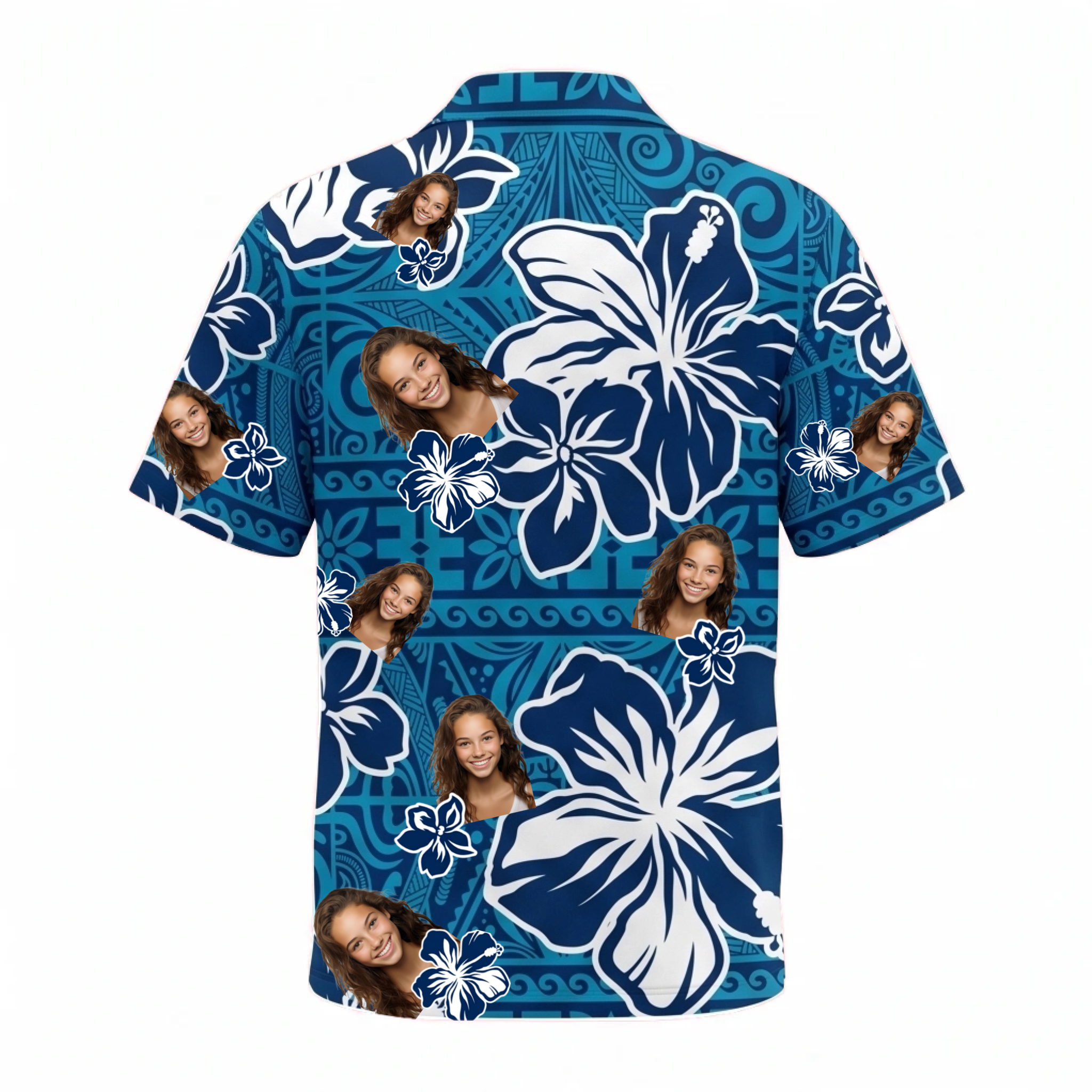 Personalized Face Blue Hibiscus with Polynesian Tribal Custom Hawaiian Shirt