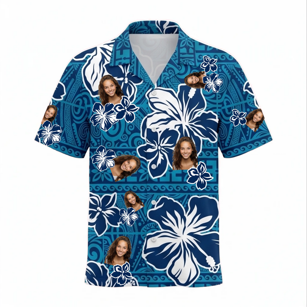 Personalized Face Blue Hibiscus with Polynesian Tribal Custom Hawaiian Shirt