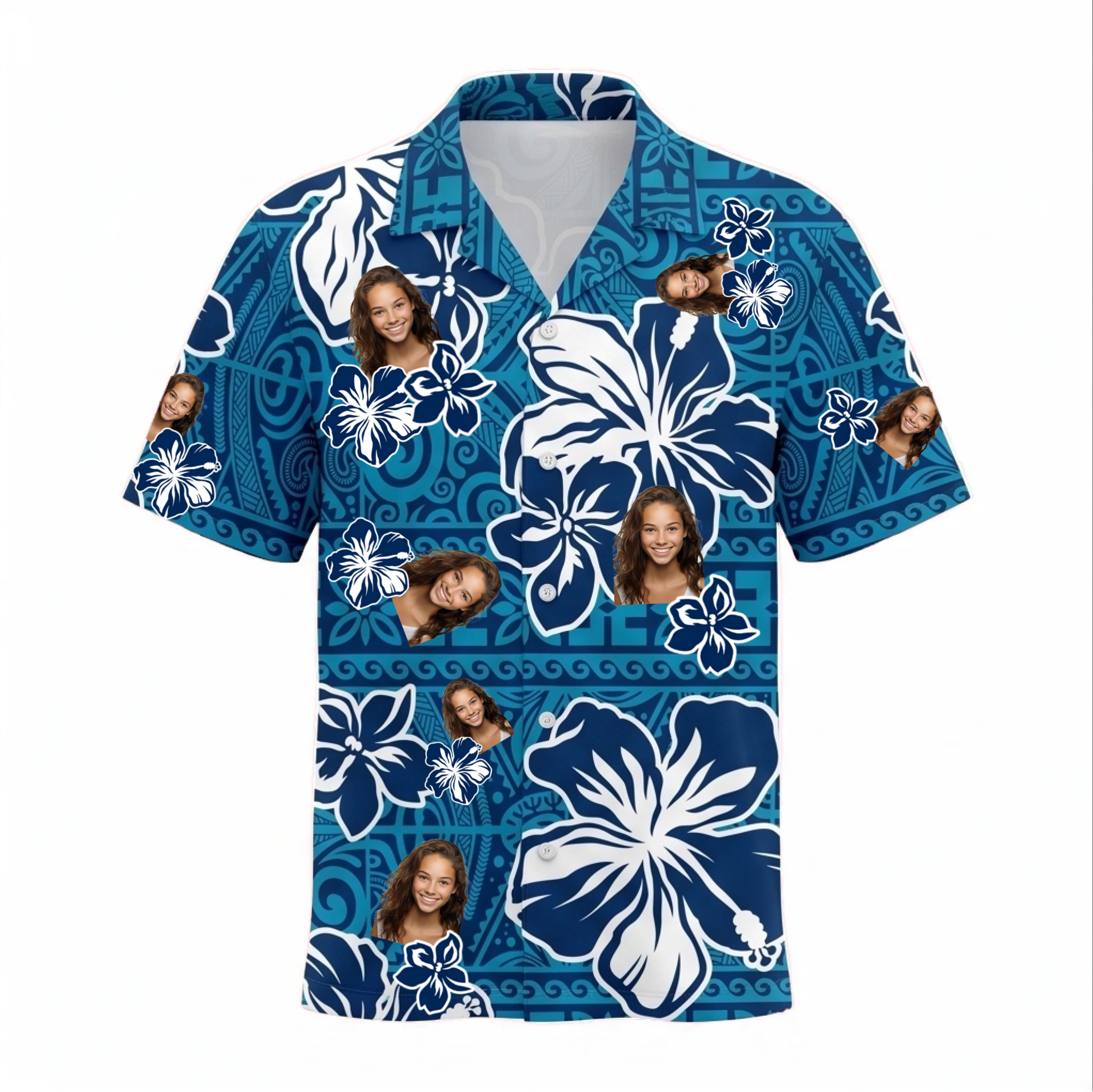 Personalized Face Blue Hibiscus with Polynesian Tribal Custom Hawaiian Shirt