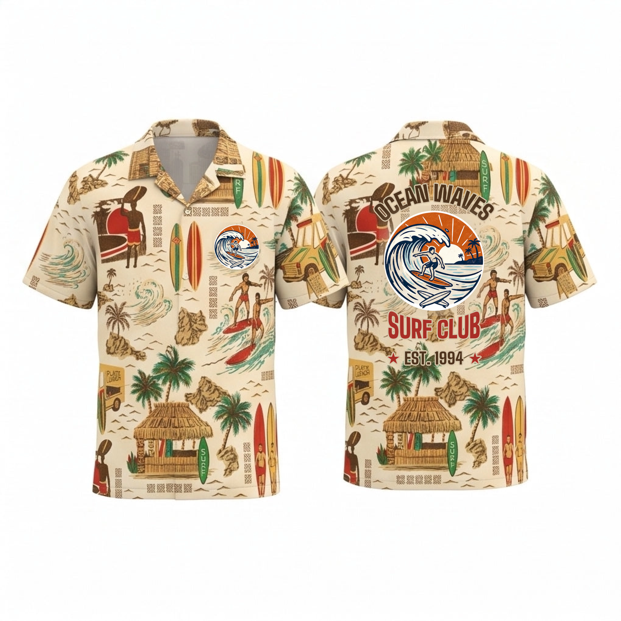 Vintage Surfing Hawaiian Shirt - Custom Logo, Custom Text for your Surfing Club
