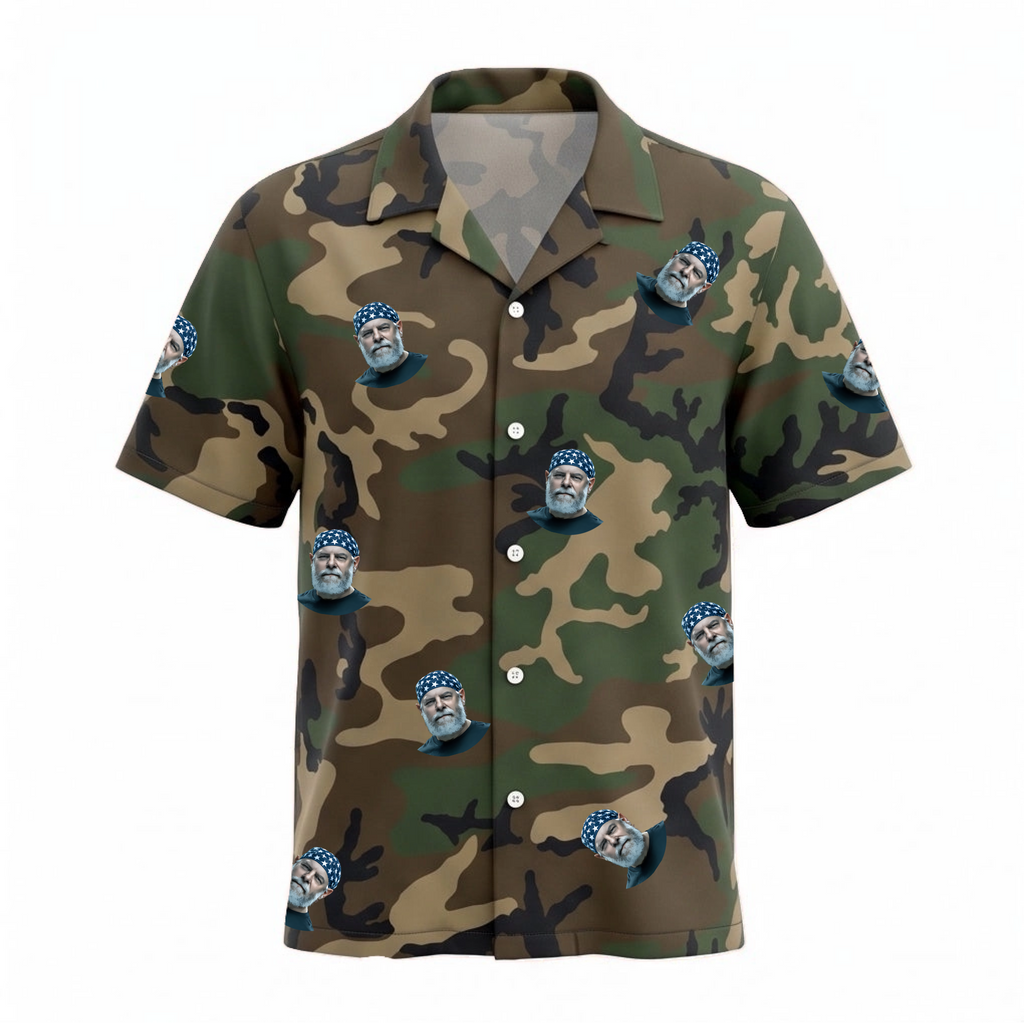 Custom Face M81 Woodland US Veteran Hawaiian Shirt personalized with face photo on tactical camo pattern
