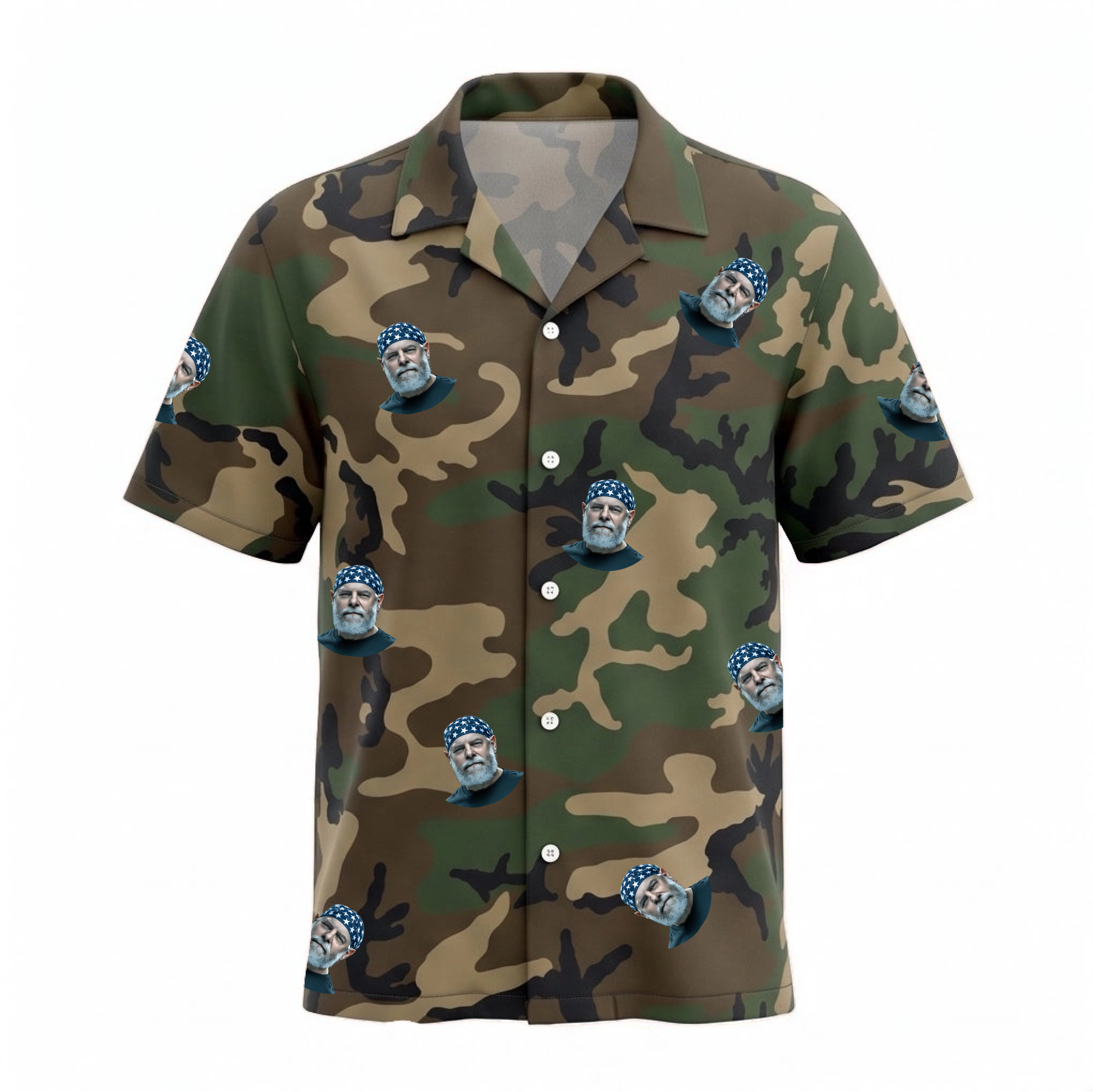 Custom Face M81 Woodland US Veteran Hawaiian Shirt personalized with face photo on tactical camo pattern
