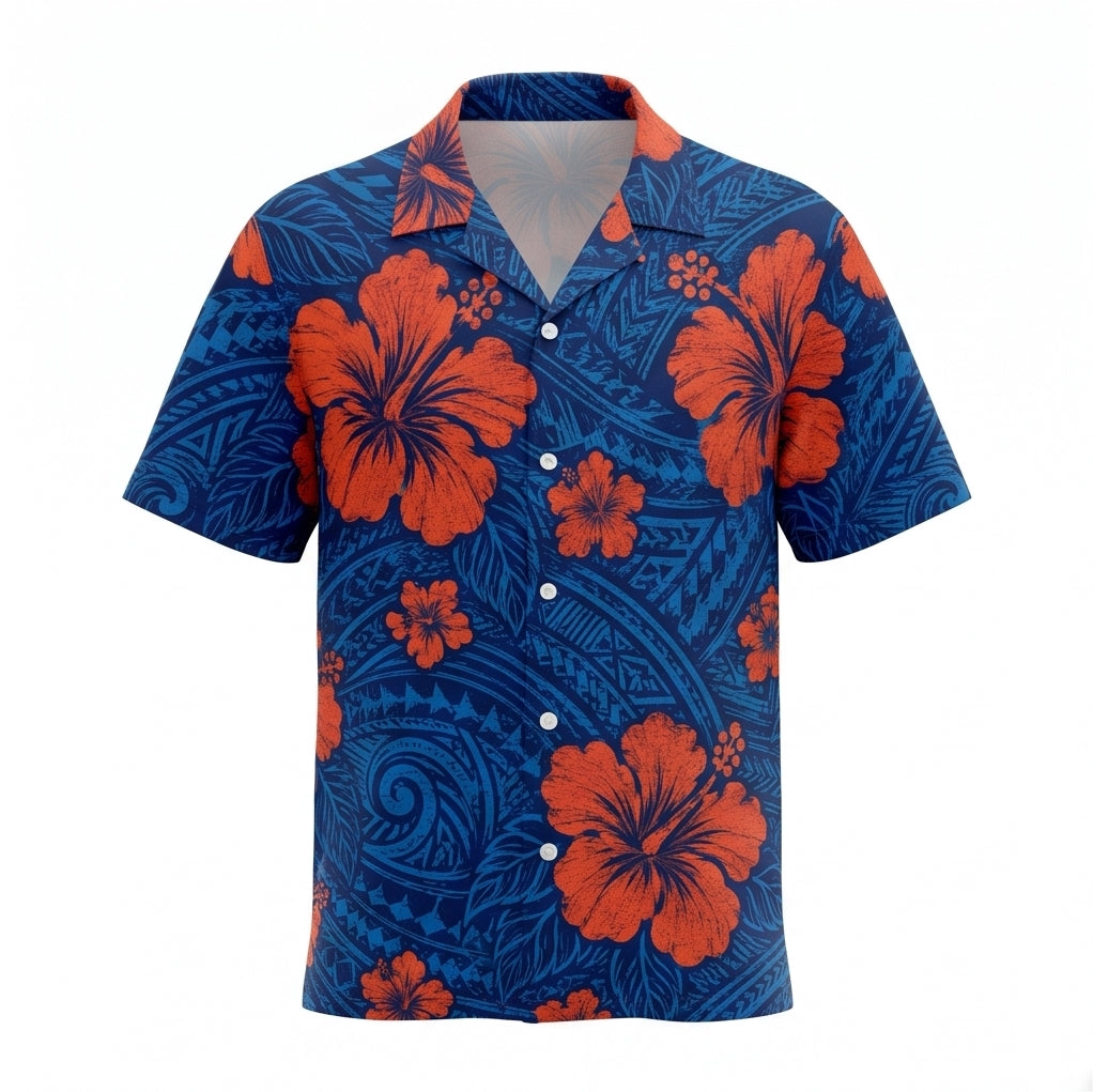 Personalized Face Polynesian Hibiscus Blue Custom Hawaiian Shirt