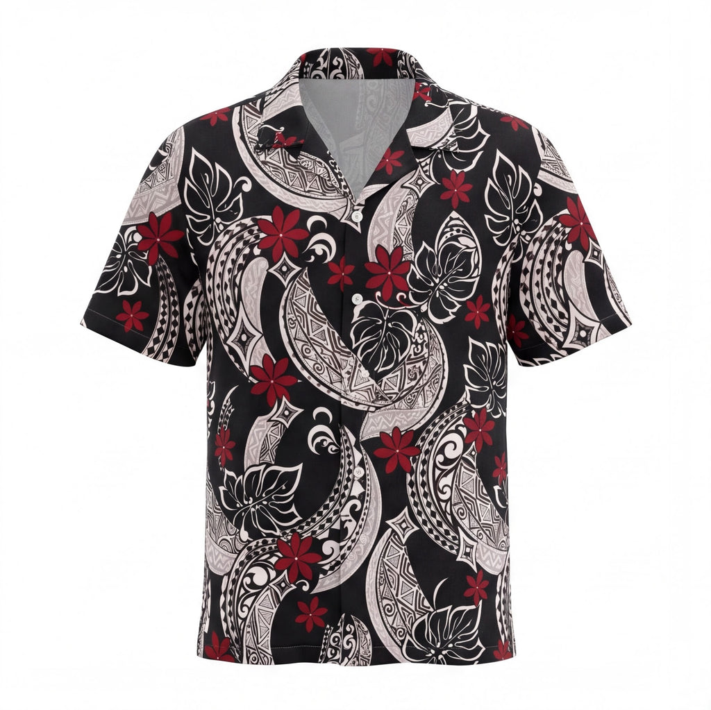 Polynesian Red Flower in Black Hawaiian Shirt