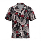 Polynesian Red Flower in Black Hawaiian Shirt