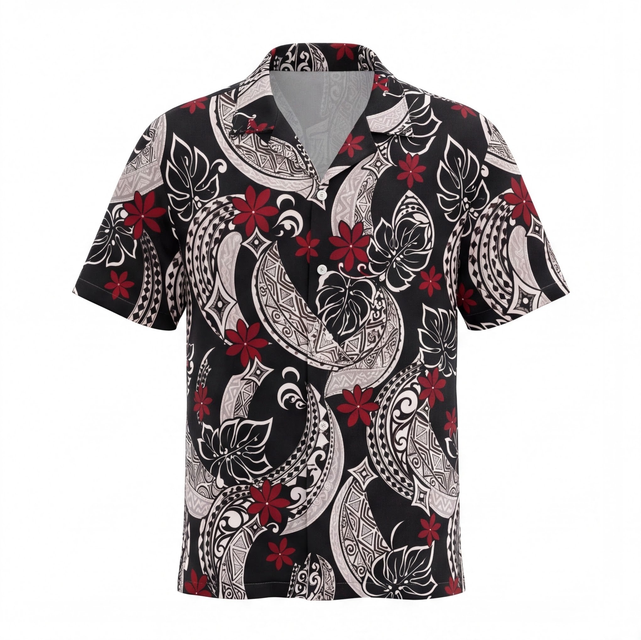 Polynesian Red Flower in Black Hawaiian Shirt