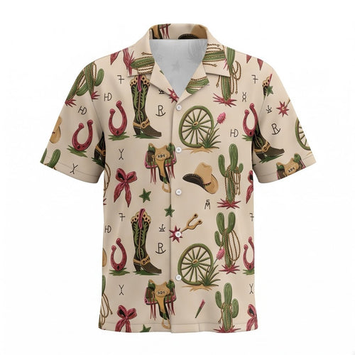 Cowgirl Hawaiian Shirt front view with coastal cowgirl western pattern