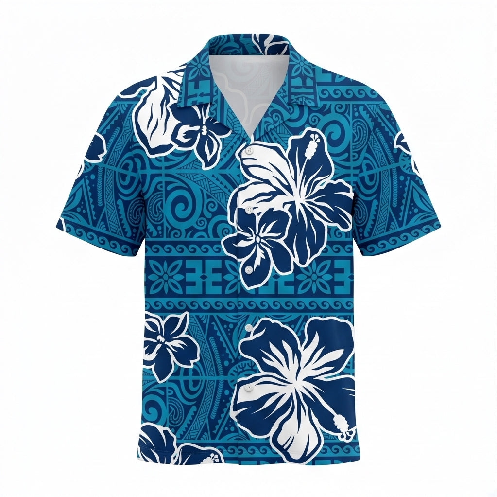 Personalized Face Blue Hibiscus with Polynesian Tribal Custom Hawaiian Shirt