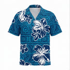 Personalized Face Blue Hibiscus with Polynesian Tribal Custom Hawaiian Shirt