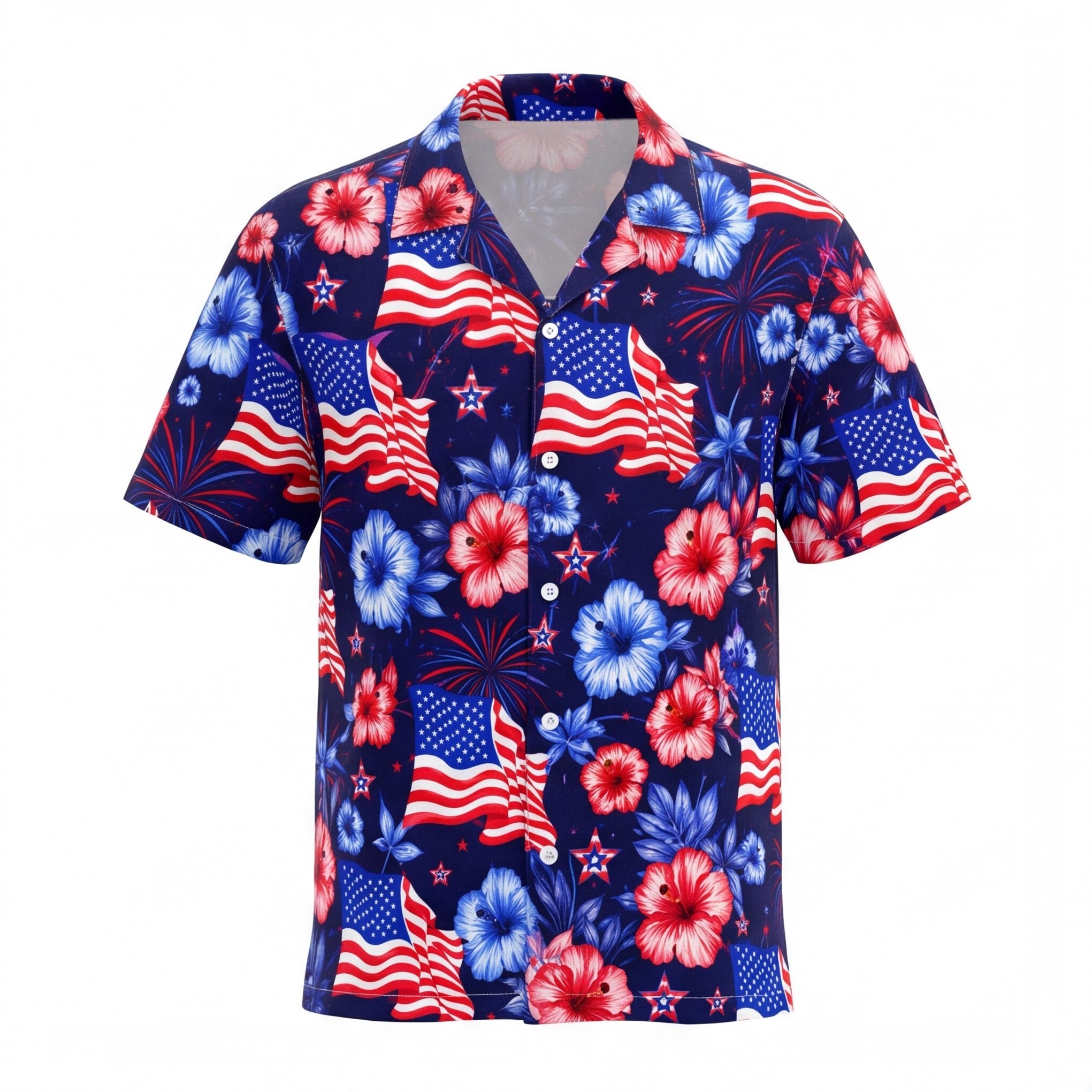 USA Flag and Tropical Flowers Hawaiian Shirt