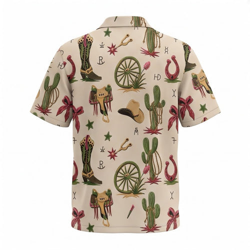 Close-up fabric detail of the tropical western print on Cowgirl Hawaiian Shirt