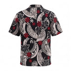 Polynesian Red Flower in Black Hawaiian Shirt