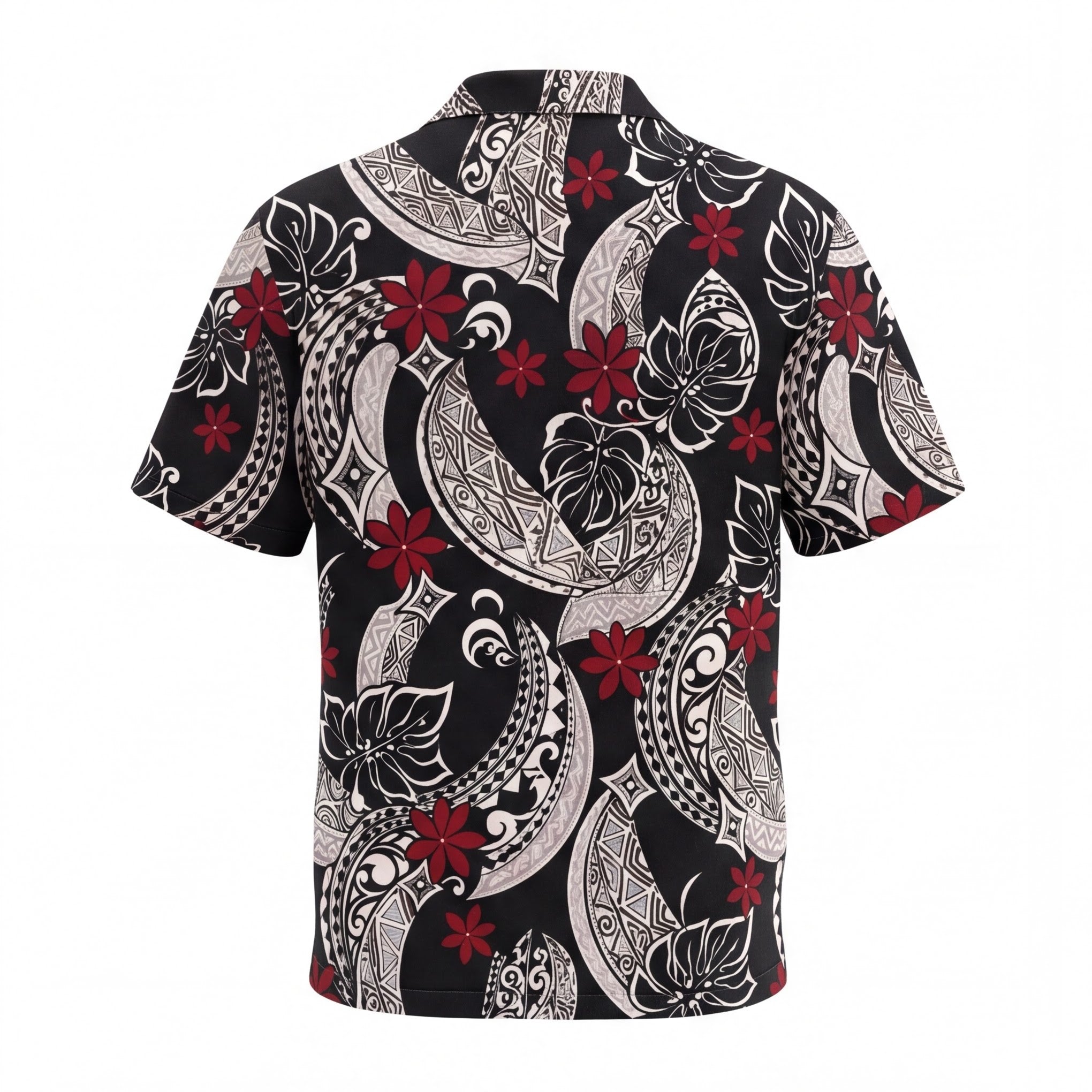 Polynesian Red Flower in Black Hawaiian Shirt
