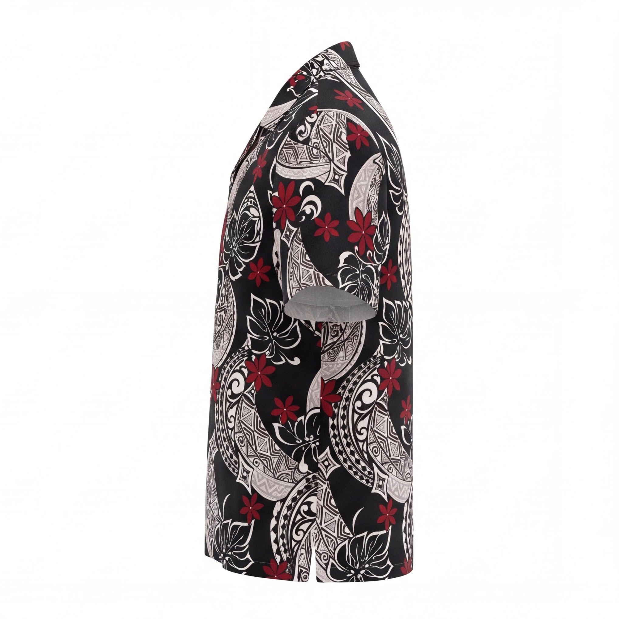 Polynesian Red Flower in Black Hawaiian Shirt