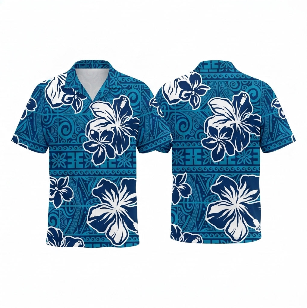 Personalized Face Blue Hibiscus with Polynesian Tribal Custom Hawaiian Shirt