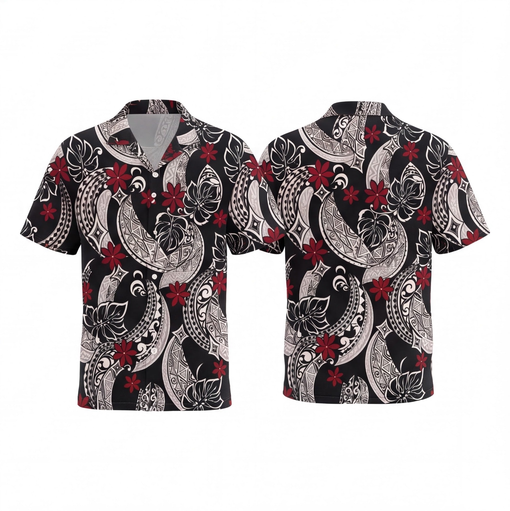 Polynesian Red Flower in Black Hawaiian Shirt