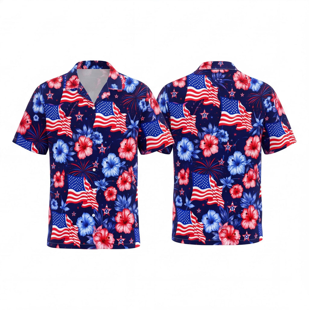 USA Flag and Tropical Flowers Hawaiian Shirt
