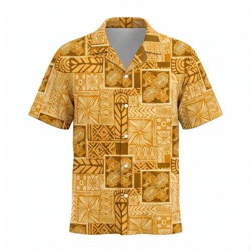 A short-sleeve button-up camp shirt with a busy geometric and floral patchwork pattern in shades of mustard yellow, golden brown, and tan, displayed on a solid white background.
