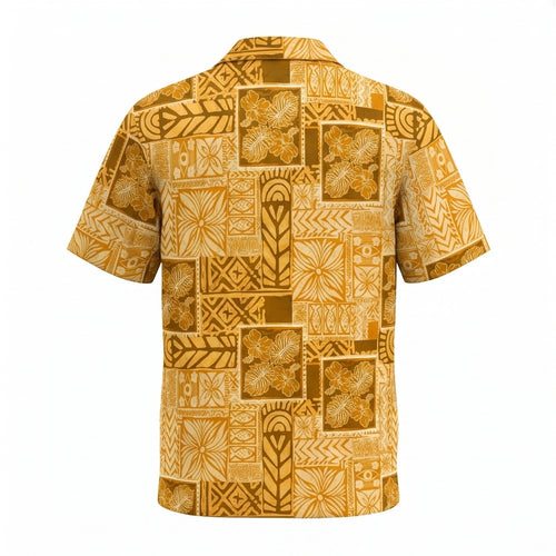 A short-sleeve button-up camp shirt with a detailed tropical and geometric patchwork pattern in shades of golden yellow, mustard, and brown, shown against a plain white background.