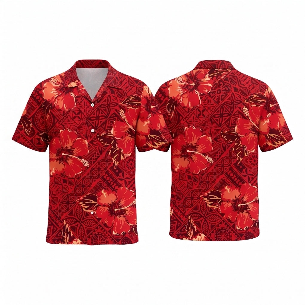 Red Hibiscus Tapa Hawaiian Shirt