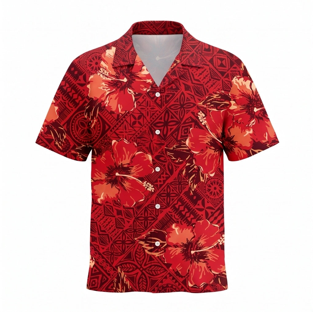 Red Hibiscus Tapa Hawaiian Shirt