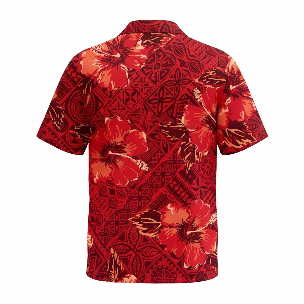 Red Hibiscus Tapa Hawaiian Shirt