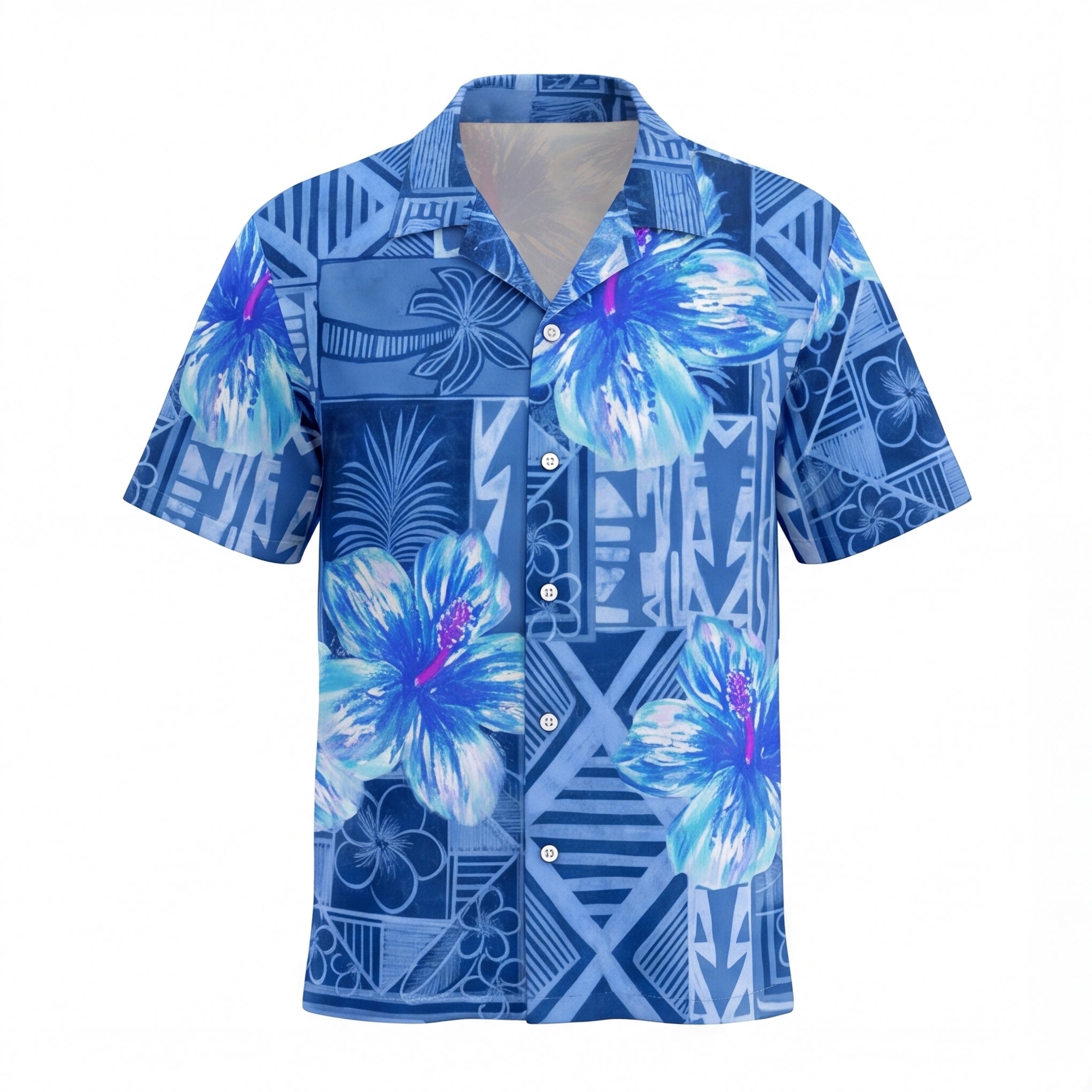 Blue Hibiscus with Tribal Tropicals Hawaiian Shirt